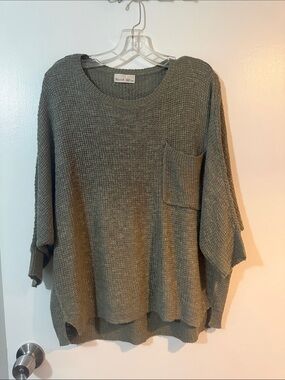 Becool Olive Relaxed Waffle-Knit Crewneck Sweater with Pocket